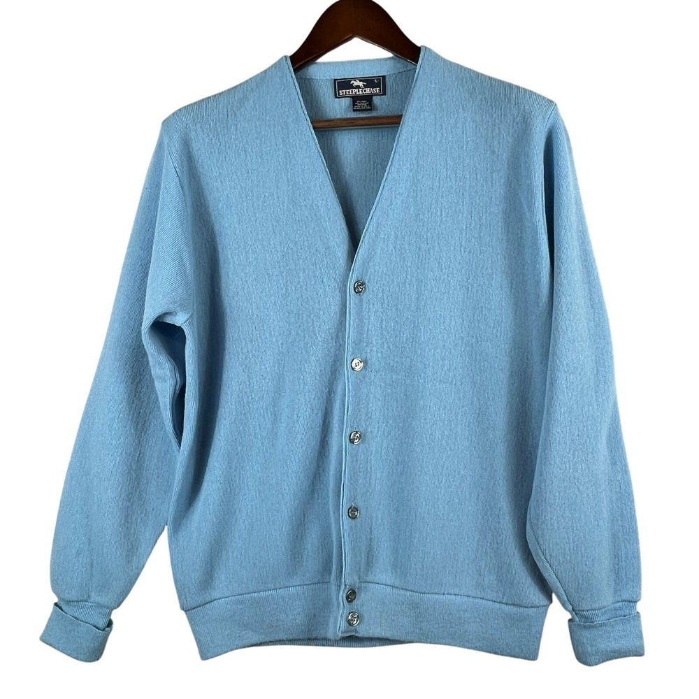 VTG Steeplechase Mens L Vintage Orlon Cardigan Sweater Blue USA Grandpa Core